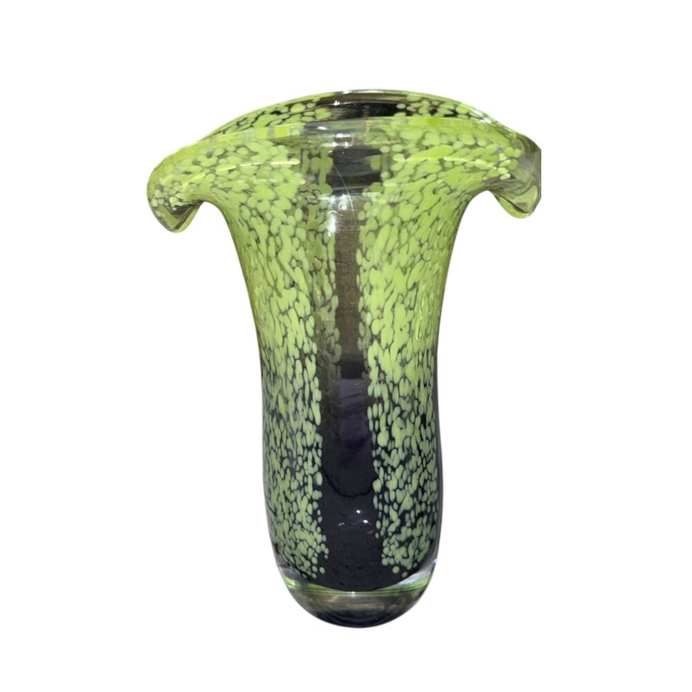 Lime Green Amethyst Purple Flared Edge Art Glass Murano Style Vase - Picture 6 of 10